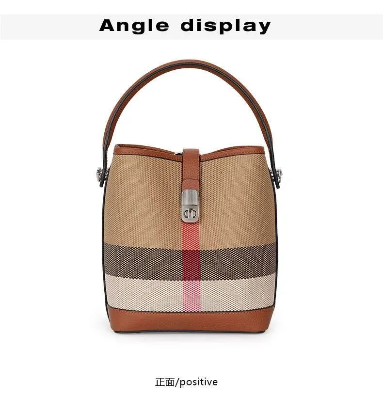 Nuova borsa a tracolla da donna in tela abbinata a pelle di mucca, borsa a secchiello alla moda con motivo scozzese_voghion.com