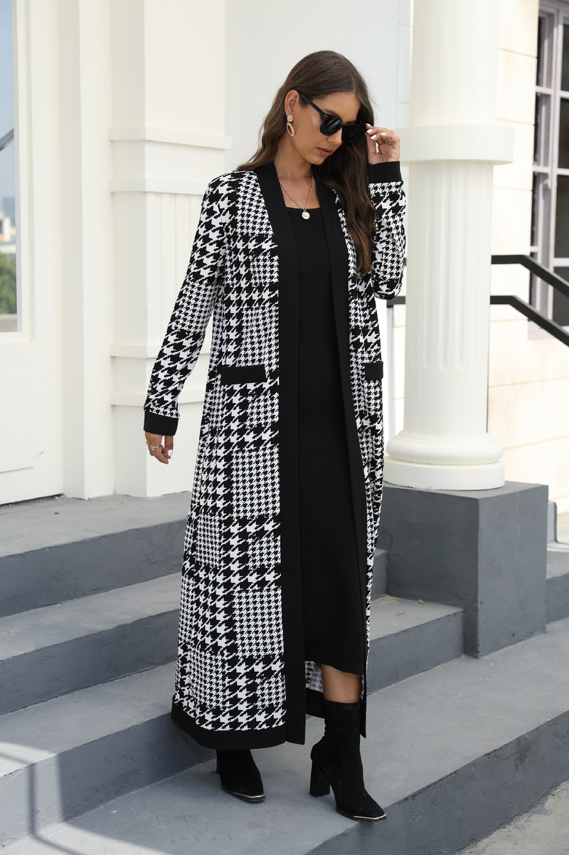Women's houndstooth long-sleeved knitted cardigan jacket two-piece set_voghion.com