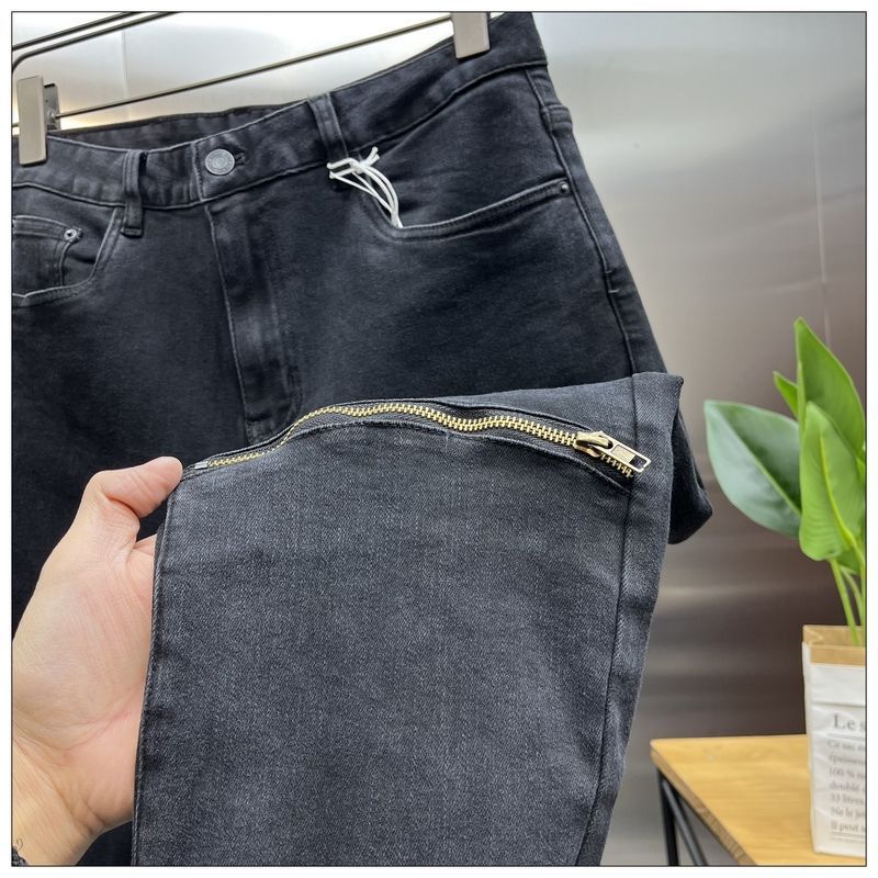Jeans für Herren, neuer gewaschener High-End-Kniereißverschluss, schwarze Slim Fit, kleine Füße, koreanische Version, mikroverjüngte Freizeithose_voghion.com