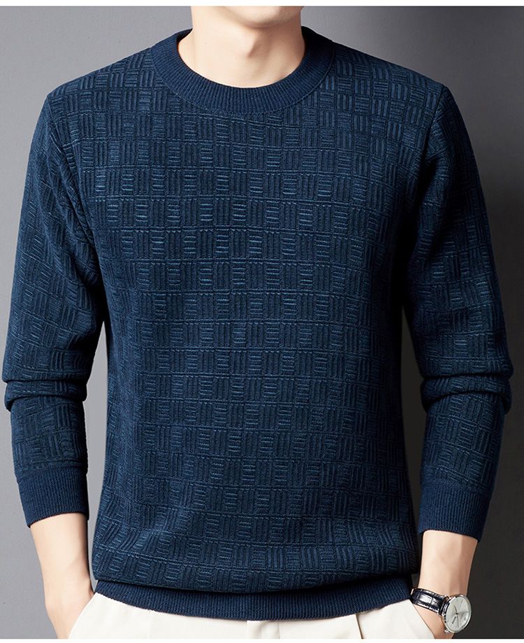 Herrenbekleidung Winterpullover für Herren Plus Samt Verdickter Jacquard-Karos All-in-One-Samt Warmes Oberteil Einfarbiger Rundhalspullover_voghion.com