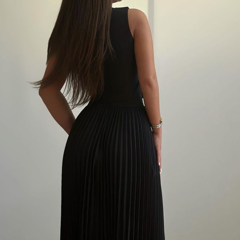 Damenbekleidung, neue Anzüge für Damen, Sommer, ärmellose Weste, halblanger, plissierter langer Rock, zweiteiliger Anzug_voghion.com