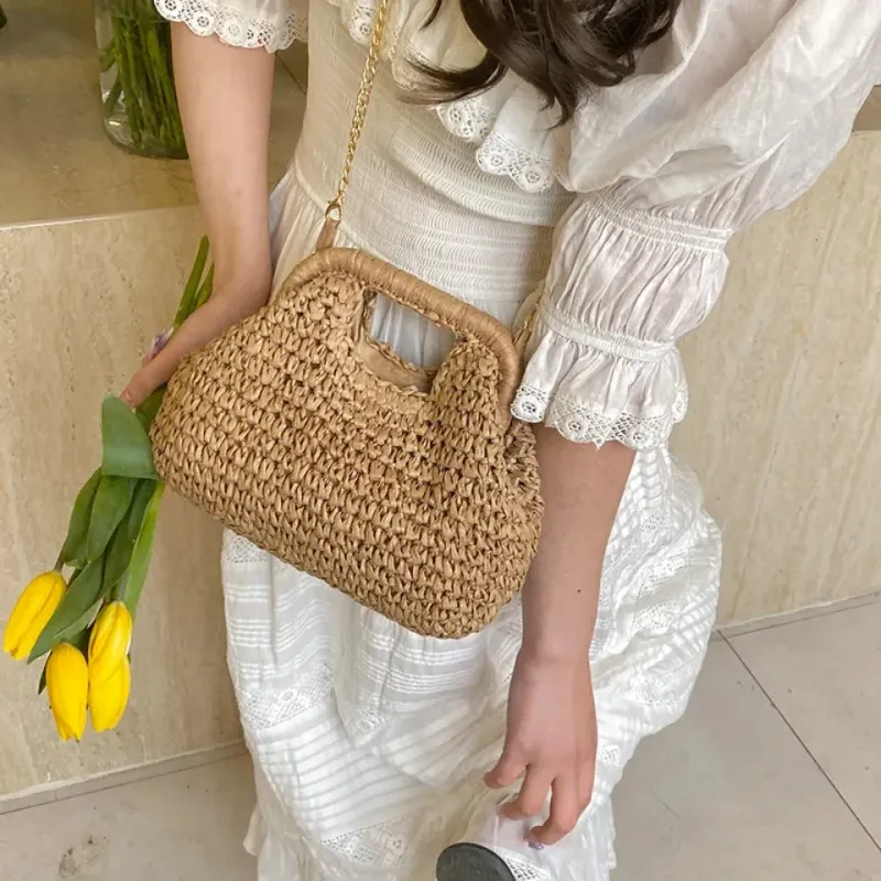 Borsa a tracolla retrò intrecciata per donna 2025 in paglia, con catena, borsa a tracolla, da donna, per le vacanze, la spiaggia, ecologica_voghion.com