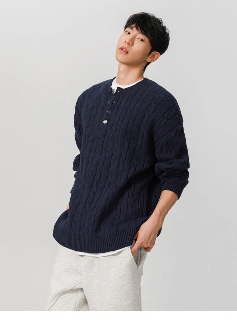 Oversize-Henley-Strickpullover für Herren – Strukturierter Zopfmusterpullover für Business Casual & Streetwear (EU-Größen S-2XL) | Atmungsaktives Polyester in Grau/Marineblau_voghion.com