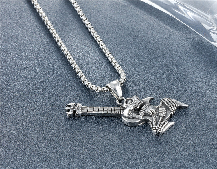 Mode Neue Schädel Rock Gitarre Anhänger Halskette Männer Edelstahl Persönlichkeit Einzigartige Design Halskette Schmuck Party Geschenk_voghion.com