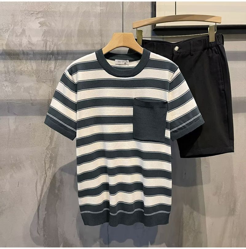 Herrenbekleidung Rundhals-Streifenpullover Herren Kurzarm-T-Shirt Tops Herren 2024 Sommer neues Design lässig vielseitig_voghion.com