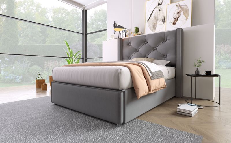 Lit simple avec rangement hydraulique 90 x 200 cm, matelassé avec sommier à lattes métalliques, cadre de lit moderne en coton gris._voghion.com