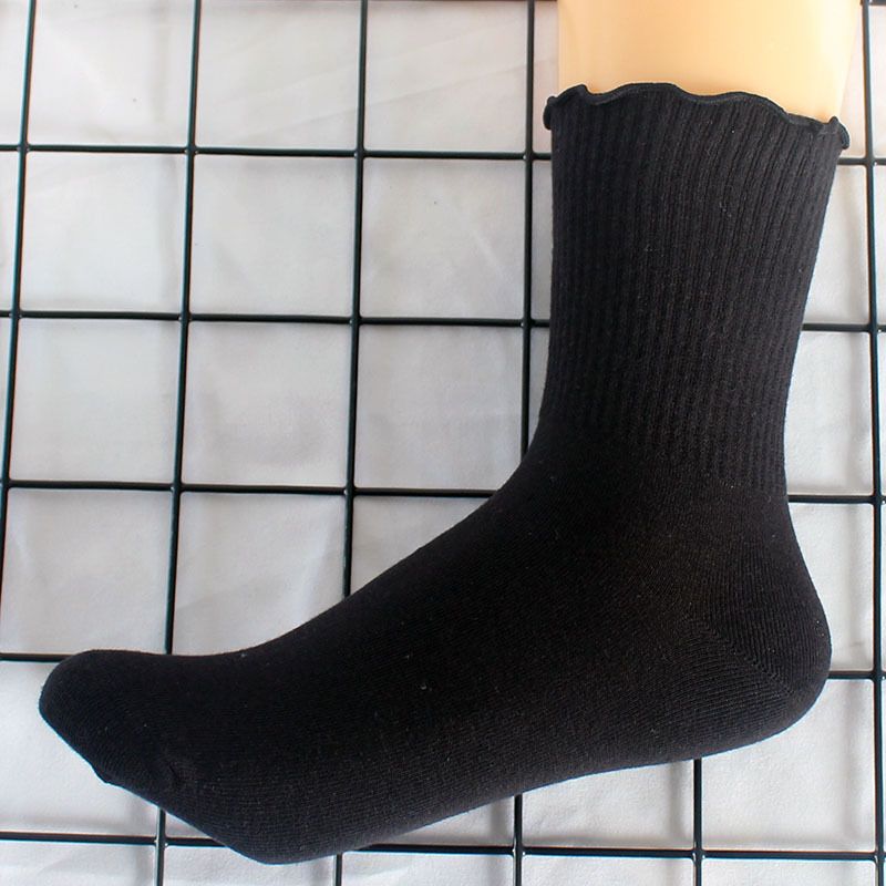 Calzini da donna Calzini alla caviglia plissettati da donna Calzini autunnali invernali in cotone con pizzo alle orecchie in legno Calzini a tubo medio da donna in tinta unita_voghion.com