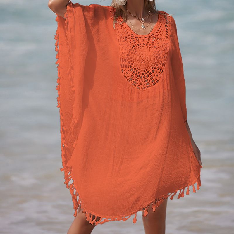 Gehäkeltes Strandkleid – Kurzes Boho-Kleid mit Fransenbesatz (Einheitsgröße, Badebekleidungs-Wickelkleid, Resort-Kleidung, UV-Schutz)_voghion.com
