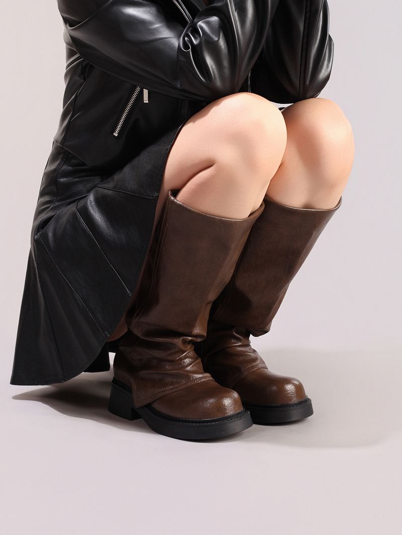 WEIBENA Damen Chelsea-Stiefel mit dicker Sohle und elastischer Wadenmitte, zum Hineinschlüpfen, runde Zehenpartie, Knöchelstiefel mit Faltendesign für die Freizeit im Herbst und Winter_voghion.com