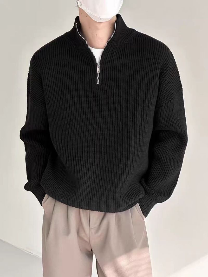 Maglione casual da uomo con mezza zip e collo alto, traspirante, lavabile in lavatrice, elasticizzato (bianco, grigio, nero, blu)_voghion.com