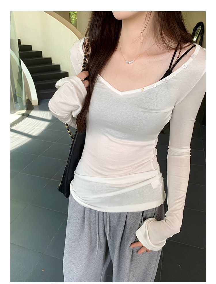Camiseta feminina de manga comprida com decote em V e listras largas, estilo novo de outono, base de camada interna adelgaçante que aperta a cintura_voghion.com