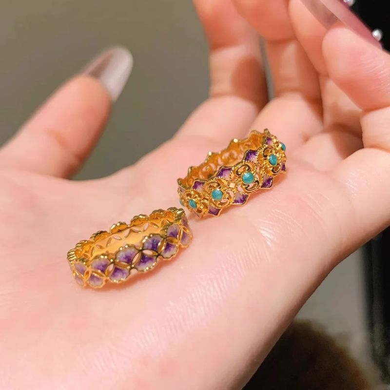 Vintage Mid-Age Apricot Leaf Enamel Hollow National Color Female New Chinese Style Temperament Index Finger Ring_voghion.com