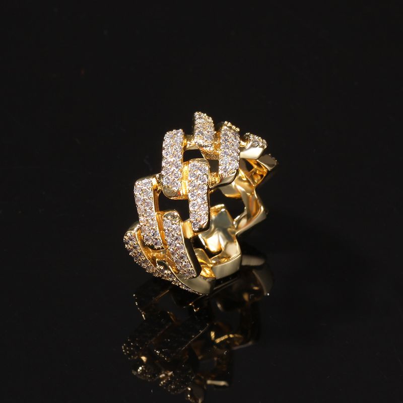 Neuer, mit Mikropflaster versehener Zirkonia-Ring für Herren mit 2 Reihen galvanisierten Diamanten aus echtem Gold für Hip Hop Cuban Ring_voghion.com
