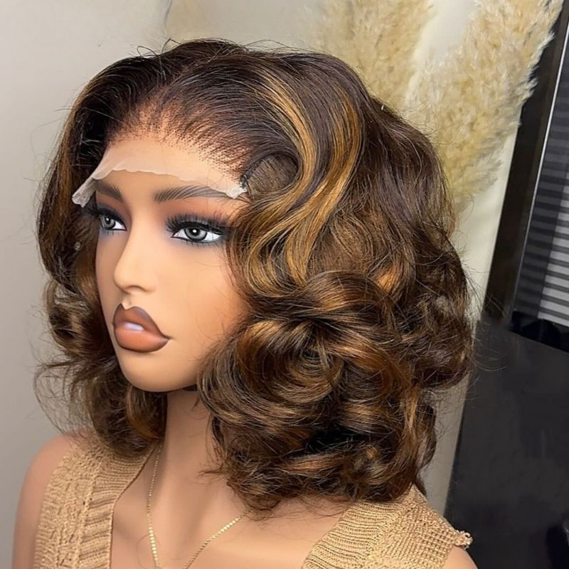 Vorgeschnittene Spitze Ingwer/Braun Highlight Farbe Kurzwellige Echthaarperücke für schwarze Frauen 13x4/5x5 Glueless Wave Perücke vorgezupft_voghion.com