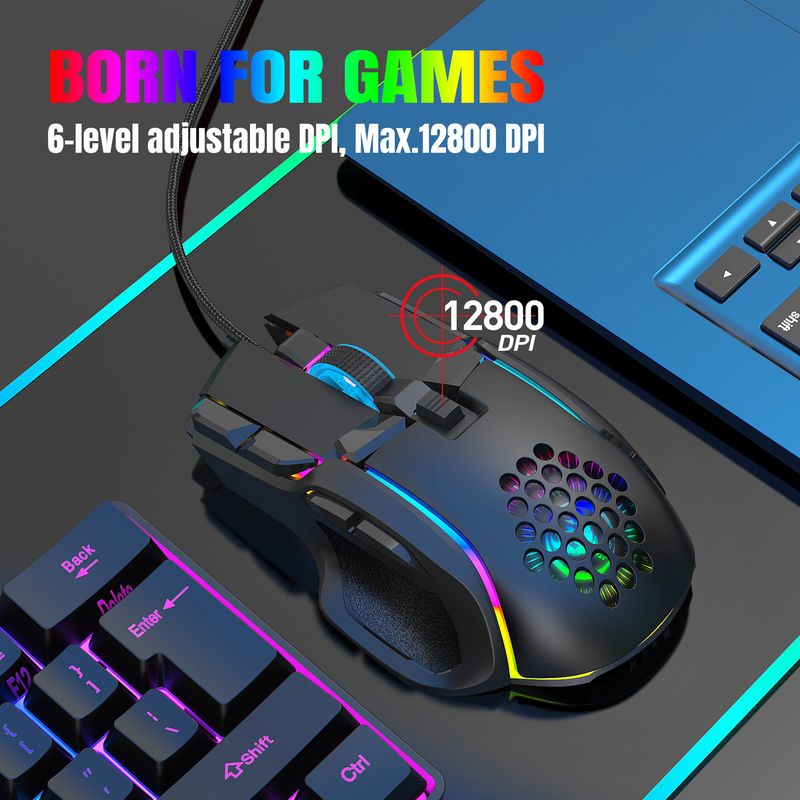 10 key wired gaming, esports mouse, macro programming, 13 RGB light modes, 6 gears, 12800dpi_voghion.com
