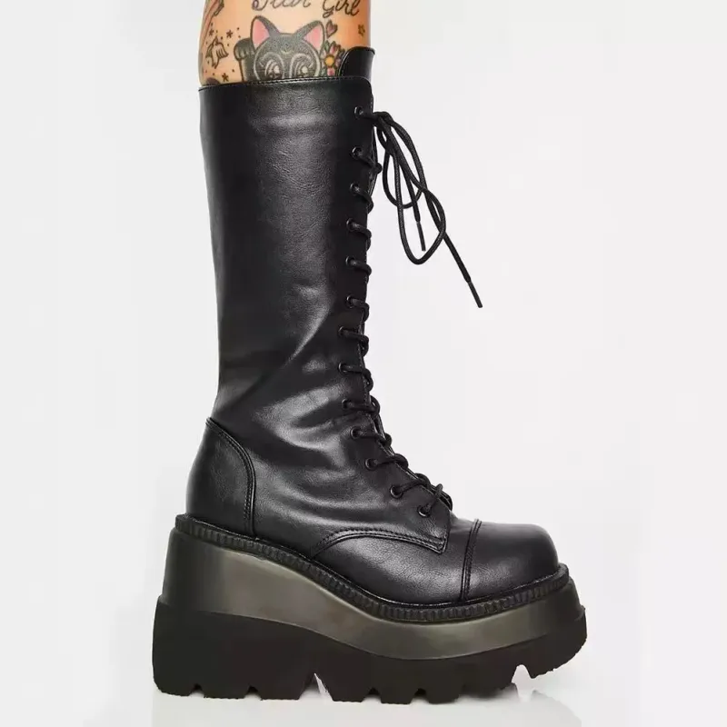 Stivali invernali da donna con plateau, stivaletti da pioggia, da combattimento, militari, corti, in pelle, neri, nuovi, rock, punk, goth, lolita, svendita_voghion.com