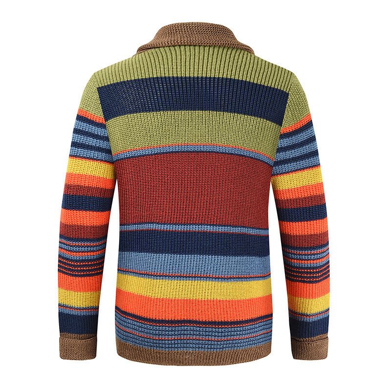 Herrenbekleidung Regenbogenpullover Pullover Jacke Revers Farbblock-Strickjacke_voghion.com