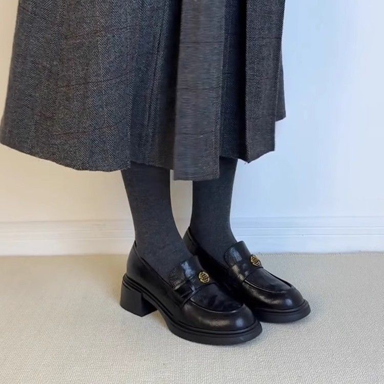 Versione in pelle di pecora ~ Mocassini da donna con punta tonda alta e suola spessa, stile britannico, slip-on, versatili, con tacco spesso_voghion.com