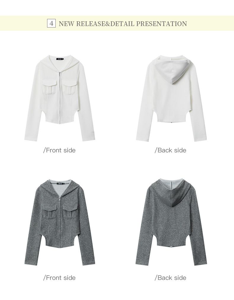 Abbigliamento da donna Felpa con cappuccio e zip da donna - Top corto a maniche lunghe con vestibilità attillata e dettaglio tasca_voghion.com