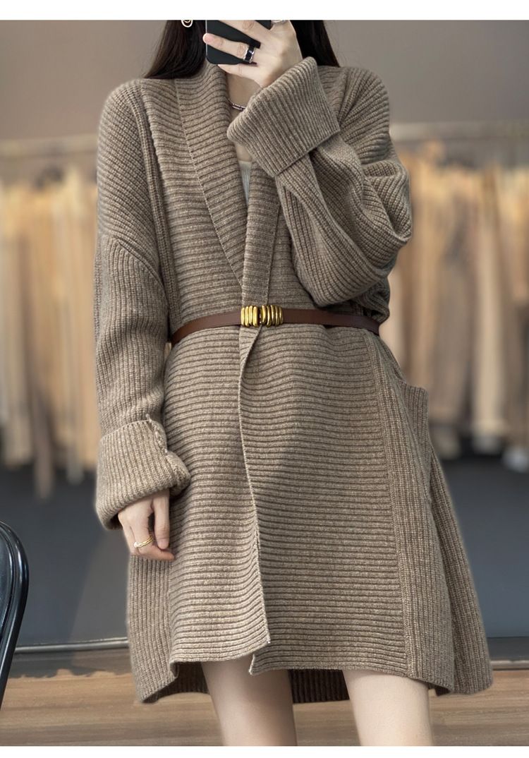 Women's Long Knit Sweater – Oversized Wrap Style (One Size, Gray/Taupe/Camel/Brown,Thick Ribbed Texture, Office-to-Outing Versatility)_voghion.com