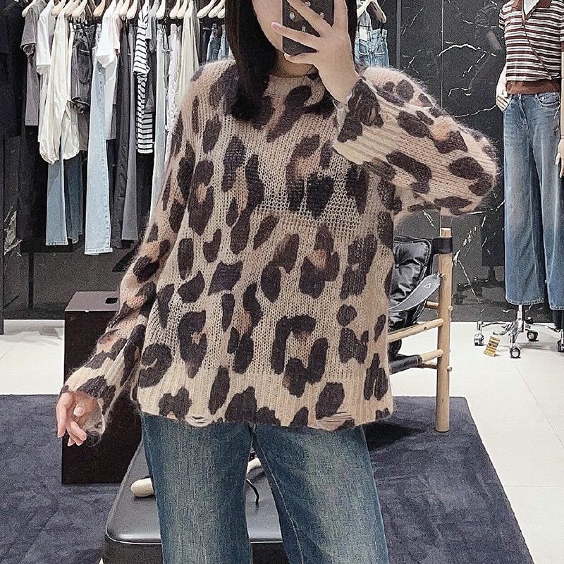 Pull tricoté en mohair à imprimé léopard pour femme, style Qin Lan, collection automne 2025, MBE3SWT053_voghion.com