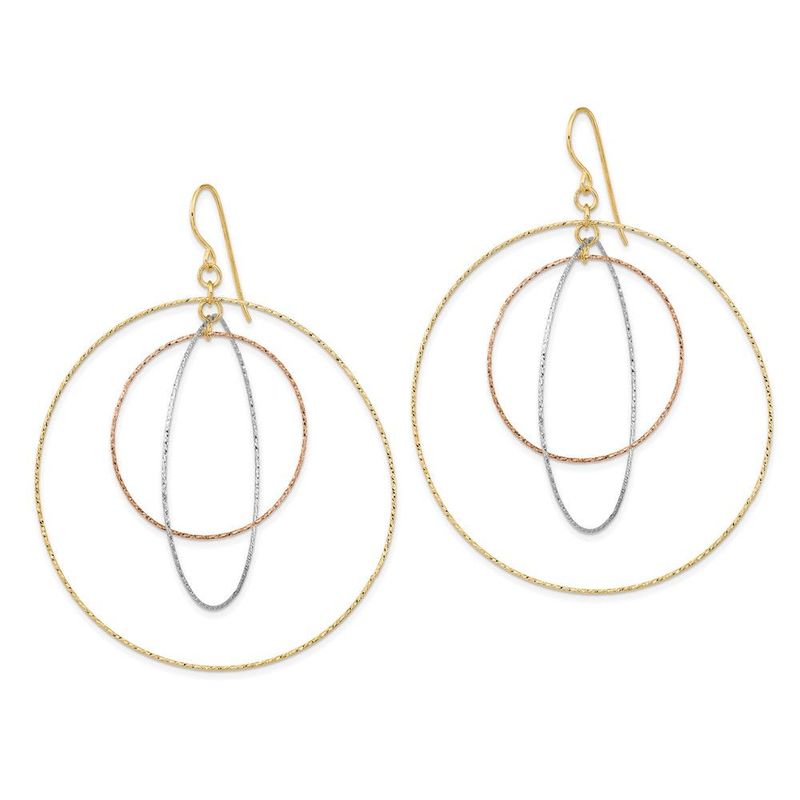 14k Tri-color Diamond Cut Graduated Circles Shepherd Hook Earrings_voghion.com
