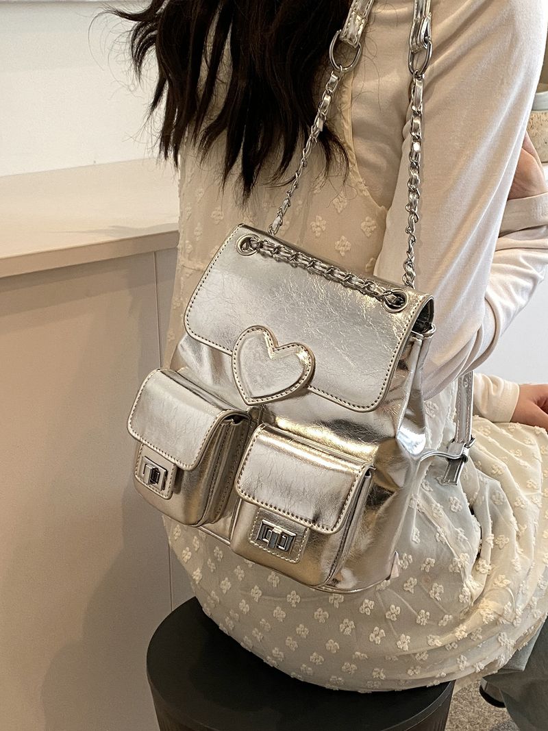 Silver Women's Heart-Shaped Fall/Winter New Fashion Backpack Multi-Function Chain Bucket Bag_voghion.com