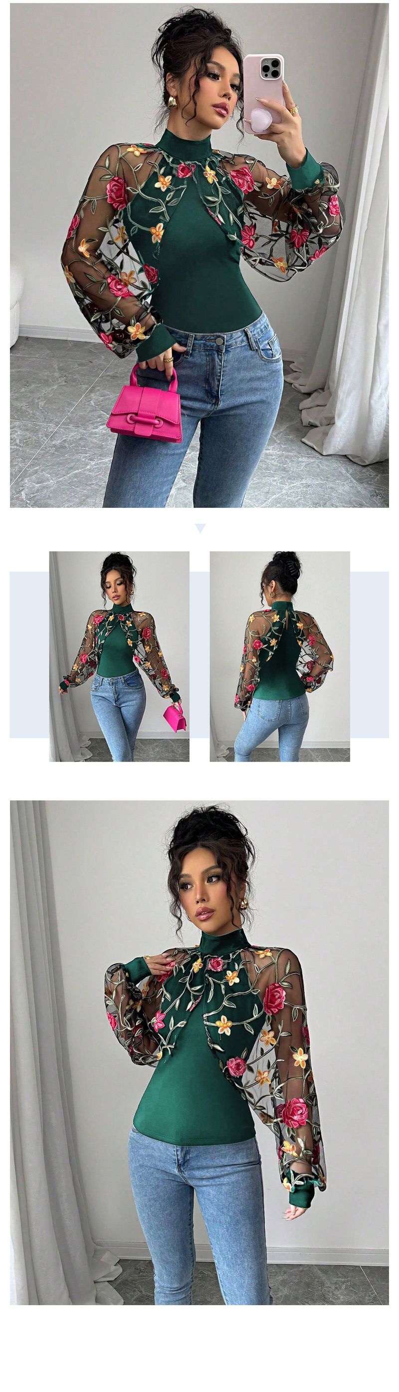 Maglietta sexy da donna con scollo a V, maniche lunghe, plissettata, in pizzo floreale ricamato, con volant, elegante camicetta femminile_voghion.com