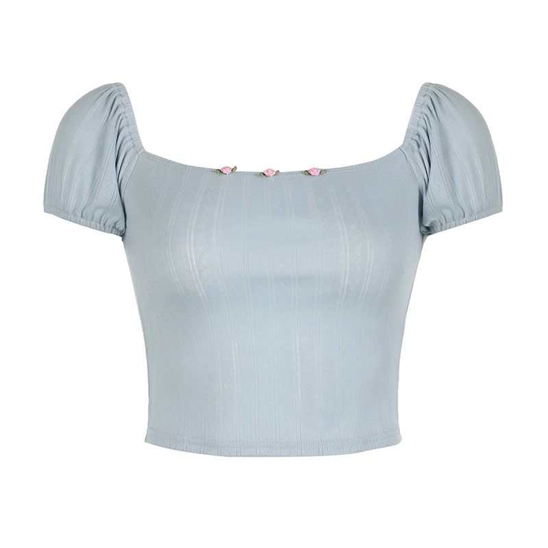 Maglietta aderente con scollo quadrato e dolce ragazza, versatile, corta, in maglia, nuova tendenza estiva di Instagram_voghion.com