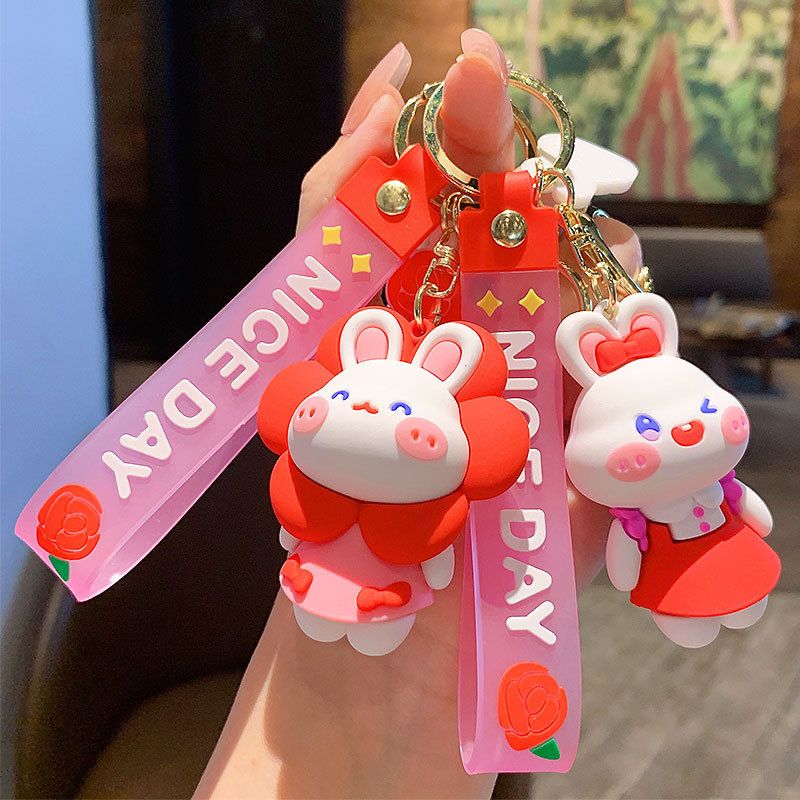 Portachiavi creativo e carino a forma di coniglietto con fiore, per donne, stile cartone animato, squisita coppia, decorazione per auto e zaino, piccolo regalo._voghion.com