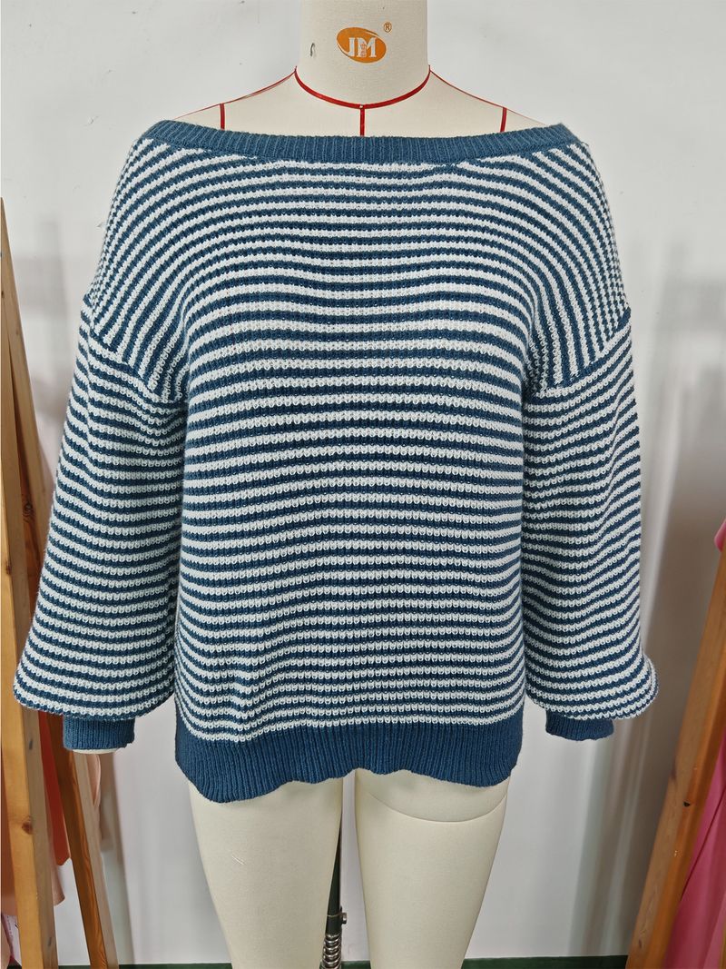 Maglione da donna in maglia con spalle scoperte, righe a blocchi di colore e maniche a lanterna – Vestibilità comoda e ampia per autunno e inverno_voghion.com