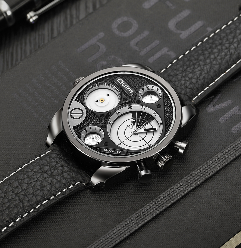Stilvolle Herren-Quarzuhr mit großem Zifferblatt, zwei Zeitzonen und echtem Lederarmband – GMT-Funktionalität für Weltreisende GTM Two Time_voghion.com
