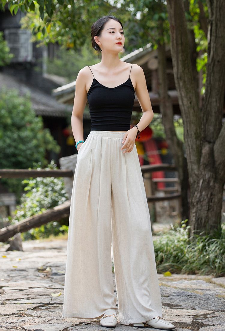 Women's Clothing Textured Linen Versatile Version Lengthen Legs Elegant and Chic Women's Skirt Pants Wide-leg Pants_voghion.com