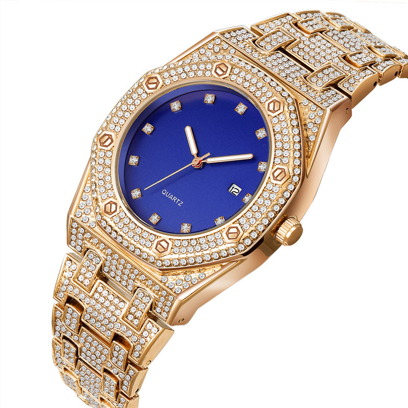 Män Hip Hop Diamond Golden Brand Date Quartz klockor_voghion.com
