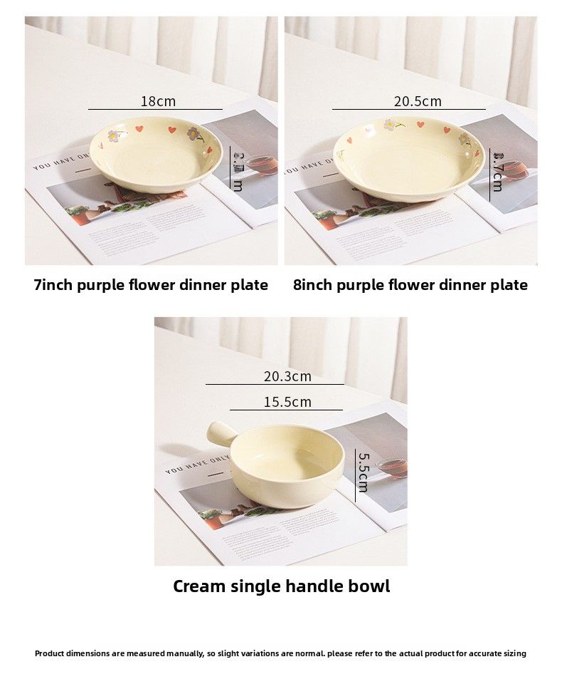 Wisteria Cream Style Ins Set Household Rice Ceramic Plate Double Ear Noodle Large Soup Bowl With Spoon_voghion.com