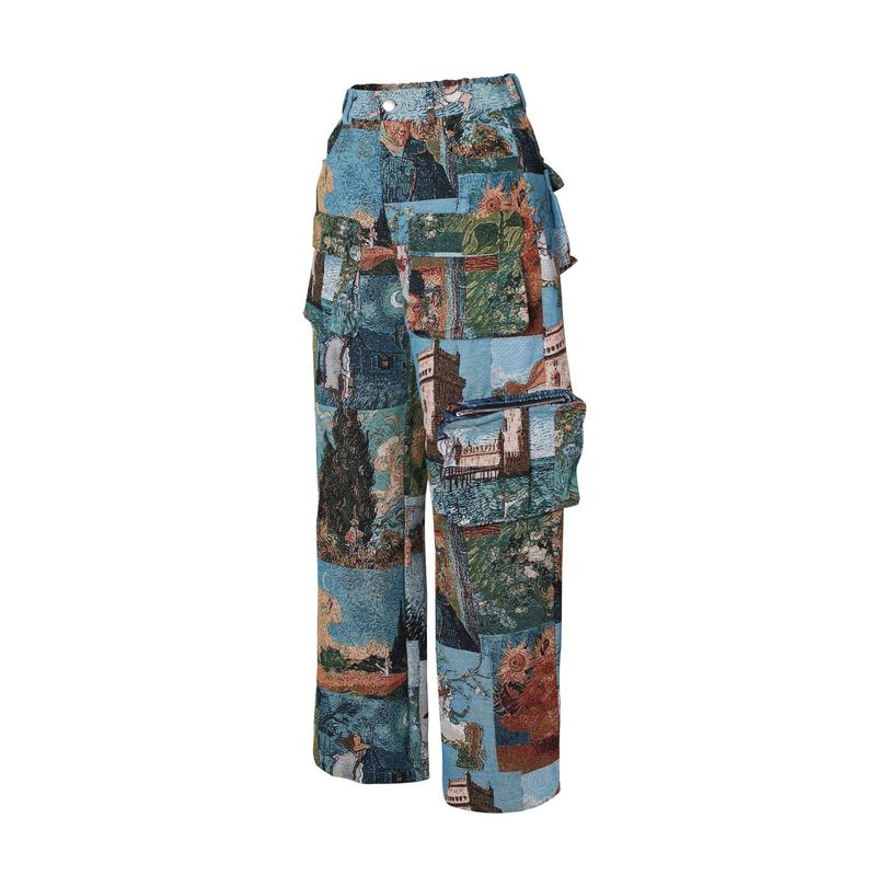 Women's Casual Cargo Pants With Jacquard Design, Multi-Pocket Retro Streetwear Trousers For Fashionable Outfits_voghion.com