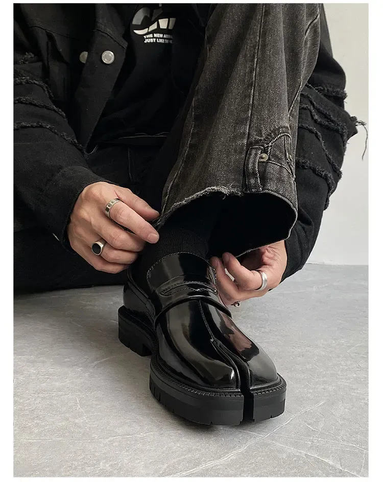 Heren Split Toe Horseshoe Dikke Zool, Lefu Tabi Schoenen, Lakleer, Koreaanse Versie, Trend, Casual Leren Schoen, S_voghion.com