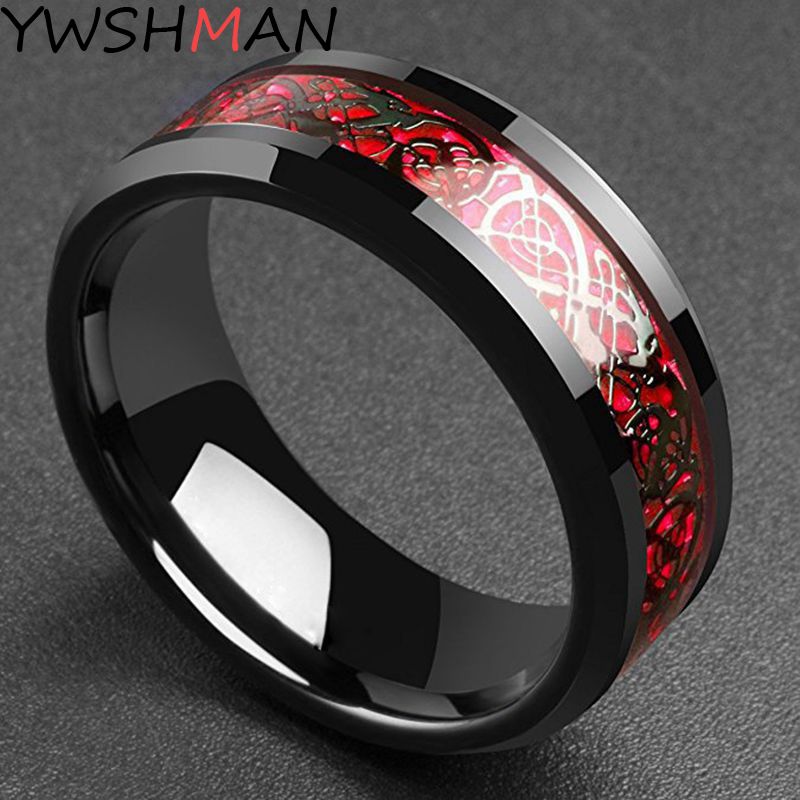 Domineering Man Red Green Carbon Fiber Black Dragon Inlay Comfort Fit Stainless steel Rings for Men Wedding Band Ring_voghion.com