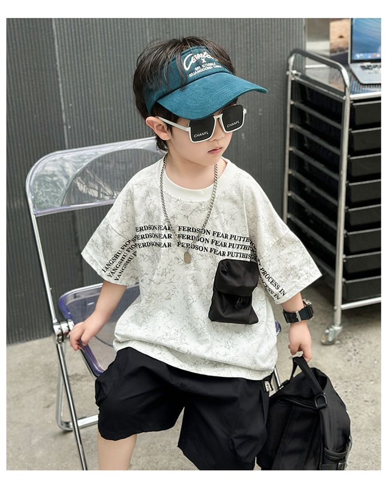 Boys' summer spider web tie dye three-dimensional bag Korean version handsome short message two-piece set, trendy_voghion.com