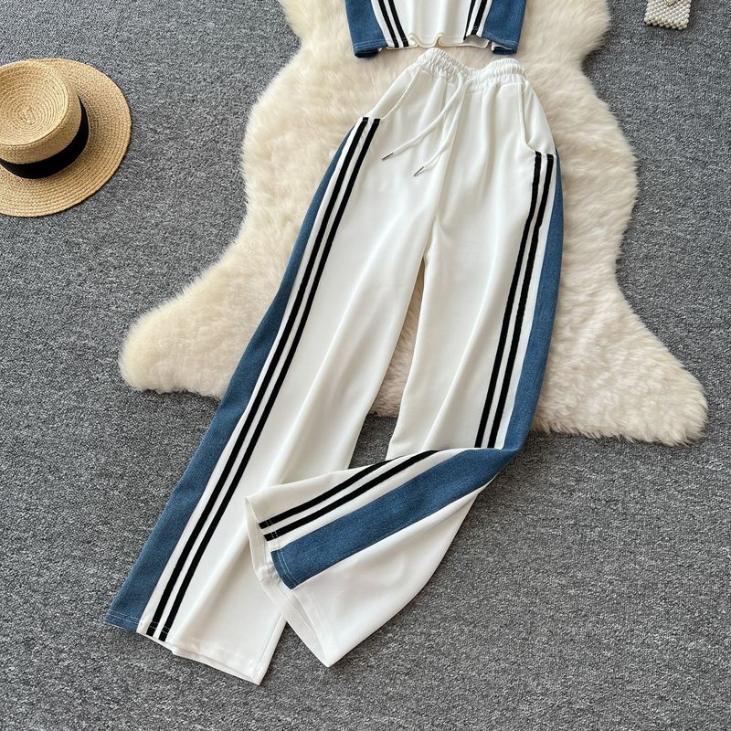 Women's Clothing Tops High Waist Denim Stitching Wide Leg Straight Trousers Casual Suits_voghion.com