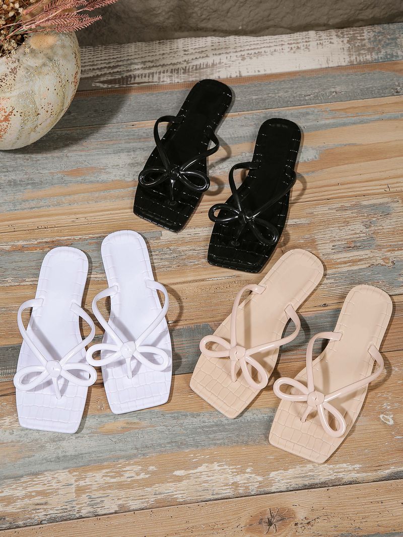 Women's Flip-toe Bow Beach Square Head Flat Crystal Flip-flops_voghion.com