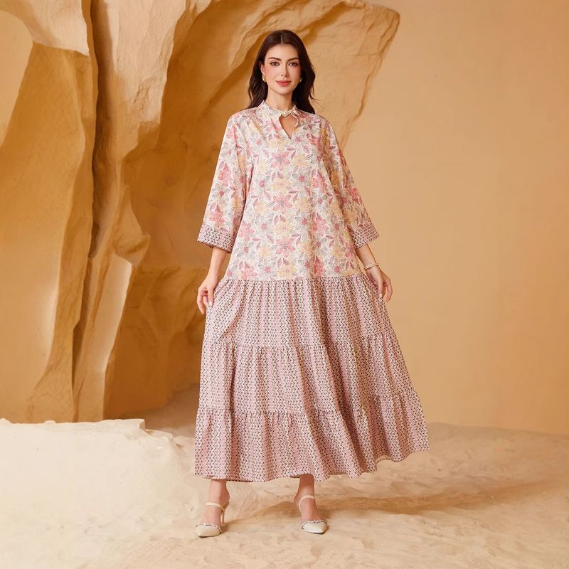 Muslim Women's Long Robe Dubai Fashion Abaya Printed Patchwork Evening Dress Gown_voghion.com
