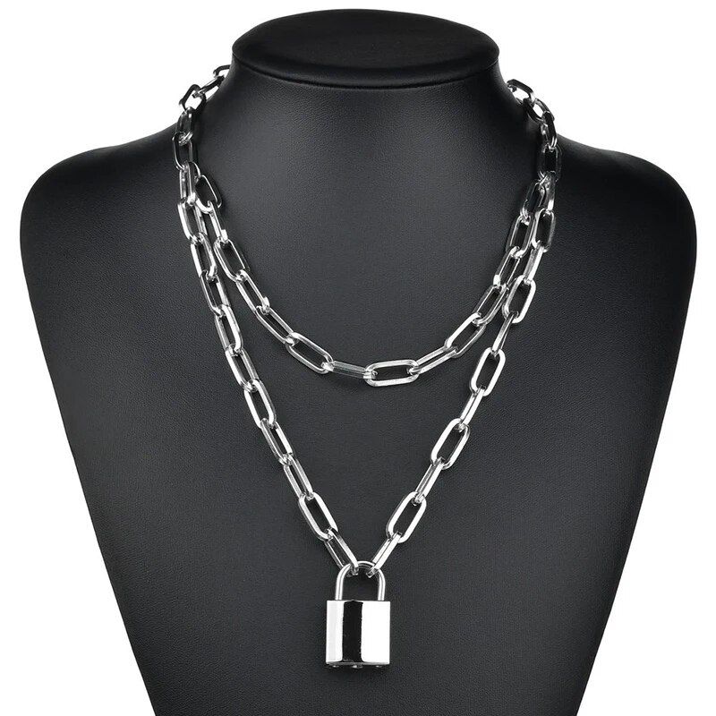 Klaar voorraad schattige eenvoudige ketting k slot hanger vrouwen zilver kleur mode goth sieraden feest punk maxi collier lange ketting cadeau_voghion.com