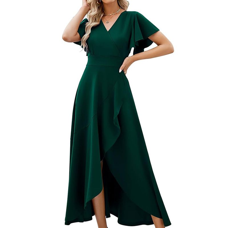 2025 Damen Rüschenärmel V-Ausschnitt Elegantes Abendkleid Frühling Sommer Polyester_voghion.com