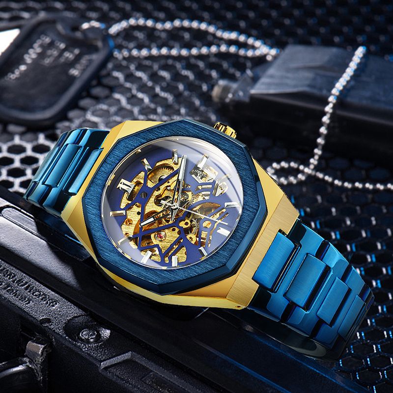 WINNER Black Gold Skeleton Mechanical Watches For Men Fashion Irregular Automatic Watch Luxury Brand Stainless Steel Strap 2023_voghion.com