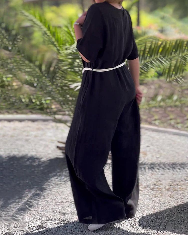 Dameskleding Casual Effen Kleur V-hals Jumpsuit Mid Taille Zak Jumpsuit Met Riem_voghion.com