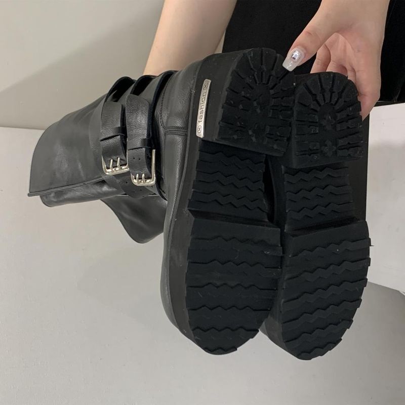 Women Boxing Boots 2025 Autumn Winter New Dark Style Belt Buckle Motorcycle Boxing Thick Sole Mid-Calf Riding Boots For Women_voghion.com