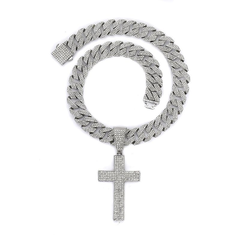 Pingente de cruz de personalidade popular com liga de diamante, corrente cubana, crença religiosa, colar hip hop_voghion.com