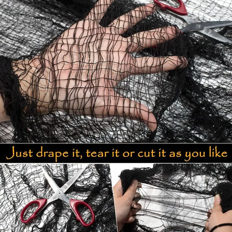 Décorations d'Halloween 76 x 183 cm, tissu de gaze noir effrayant pour fenêtre, table, porte, filet, déguisement effrayant, fête, maison hantée, décoration murale_voghion.com
