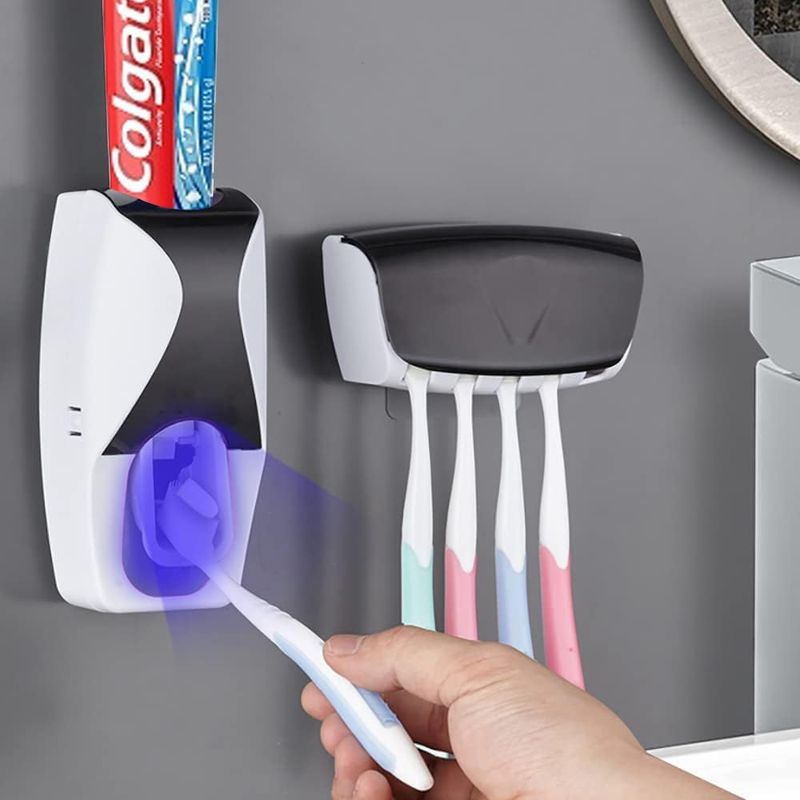 Automatic Toothpaste Dispenser & Toothbrush Holder Set - Black Family Bathroom Organizer_voghion.com